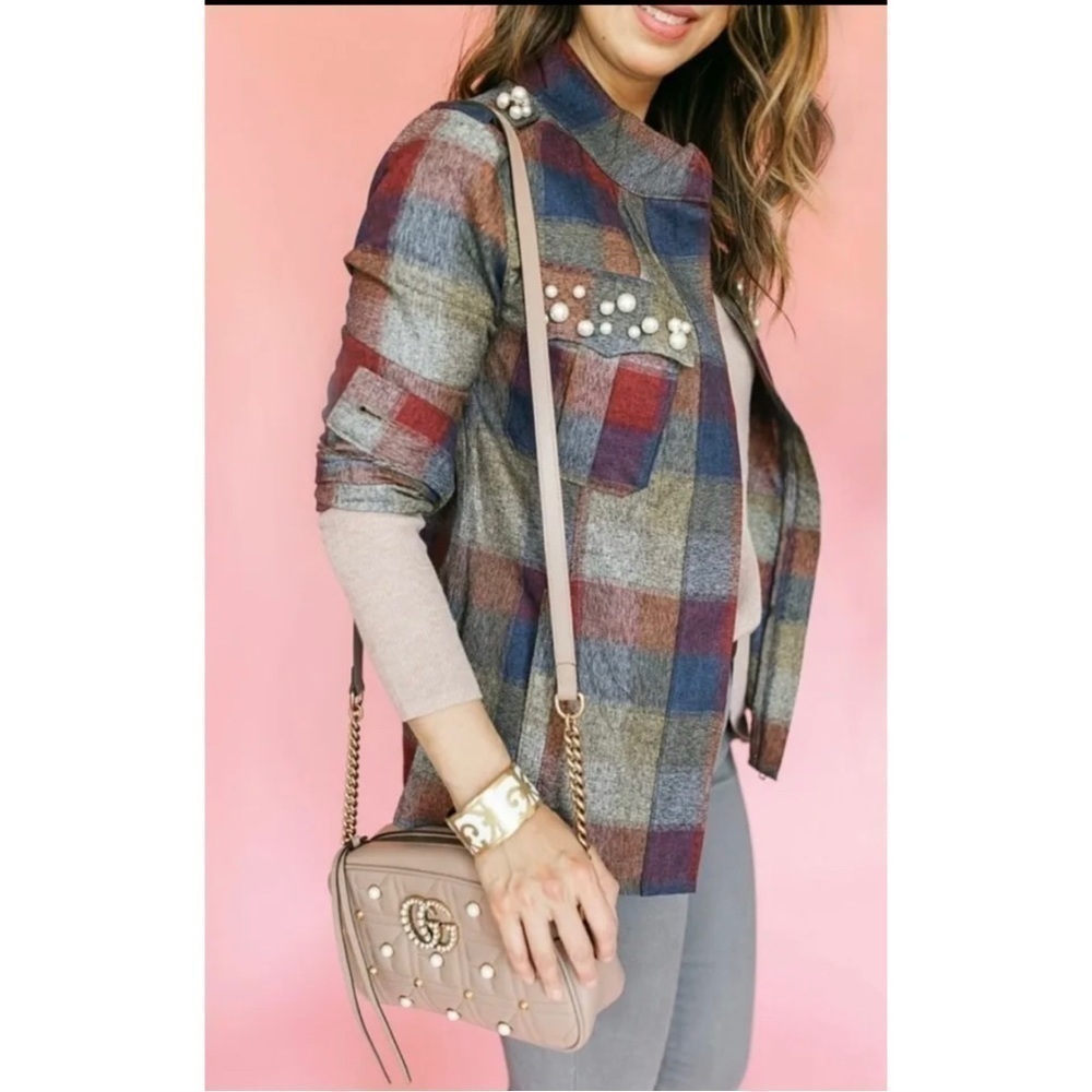 Cabi Womens Sz M Plaid Pearl Embellished Zip Up Topper Jacket Shirt Top Military